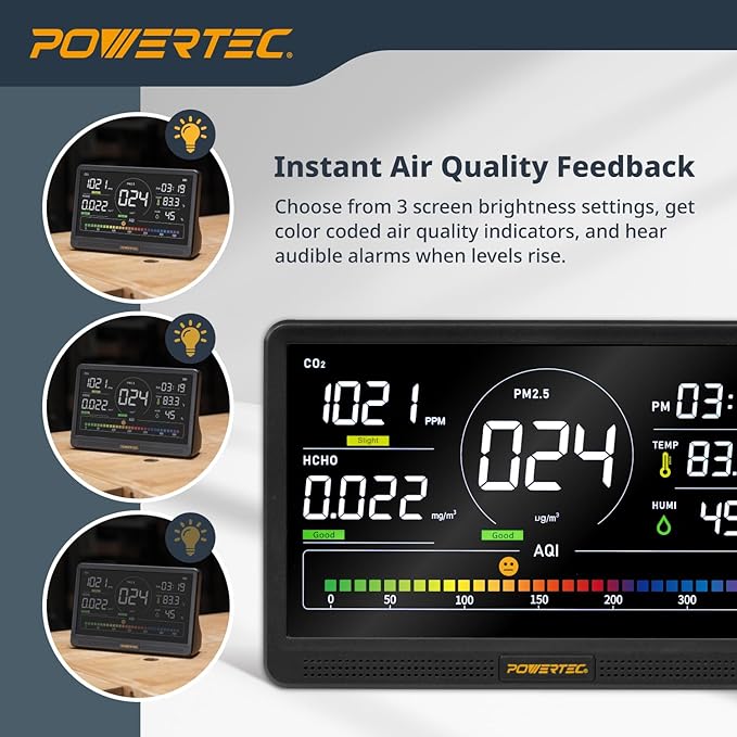 POWERTEC AD1001 Air Quality Monitor with 7" LCD Display - Multi-Sensor CO₂, PM2.5, PM10, TVOC, HCHO, Detector, NDIR Sensors, Rechargeable Indoor/Workshop Air Monitor
