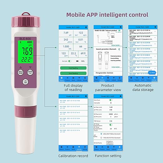 7 in 1 PH Meter PH Tester,0.01 High Accuracy Digital PH Meter for Water,PH/TDS/EC/ORP/S.G/Salt/Temp Tester,TDS Meter Water Tester for Drinking Water,Hydroponics,Plants,Aquarium and Pool