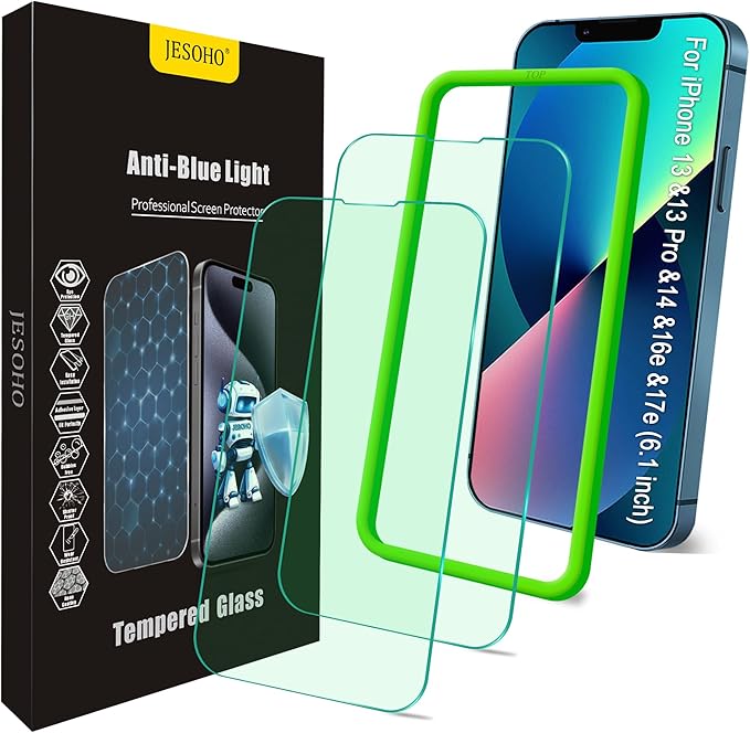 Blue Light Screen Protector for iPhone 13/13 Pro/14/16e/17e (6.1inch), Eye Protection Tempered Glass Film, Scratch-Resistant, No Bubble with Easy Installation Kit, 2 Pack