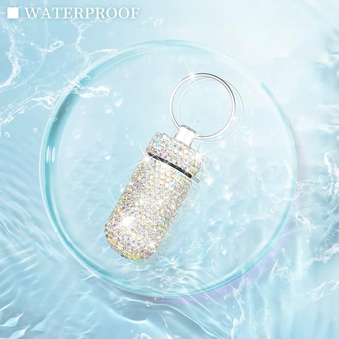 Yuchew Bling Pill Case Pill Container Rhinestone Pill Box Portable Waterproof Pocket Pill Holder Storage Bottle with Keychain for Travel, Outdoor, Camping (AB Color)