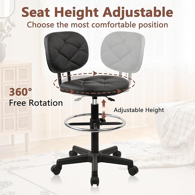 Leather Drafting Stool Chair with Ergonomic Backrest & Footrest, Padded Seat Adjustable Height 360° Swivel Rolling Stools, Tall Office Chair for Standing Desk, Shop, Drawing, Work, Black