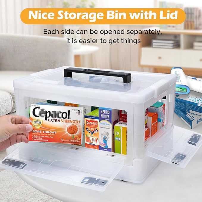 Extra Large Medicine Storage Box with Handles, First Aid Box Clear Medical Supply Organizer with Removable Tray, Multipurpose Plastic Medicine Chest with Wheels