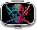 Metal Pill Organizer – 2-Compartment Pocket Pill Box for Vitamins, Supplements, Medications – Compact Travel Case (Ornate Rainbow Skull)