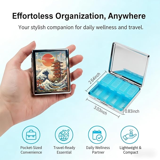 Metal 7 Day Pill Organizer, Weekly Pill Case 8 Compartments, Travel Pill Box for Purse & Pocket, Small Medicine & Vitamin Organizer, PP Dividers, Secure Clasp (Japanese Pagoda & Waves)