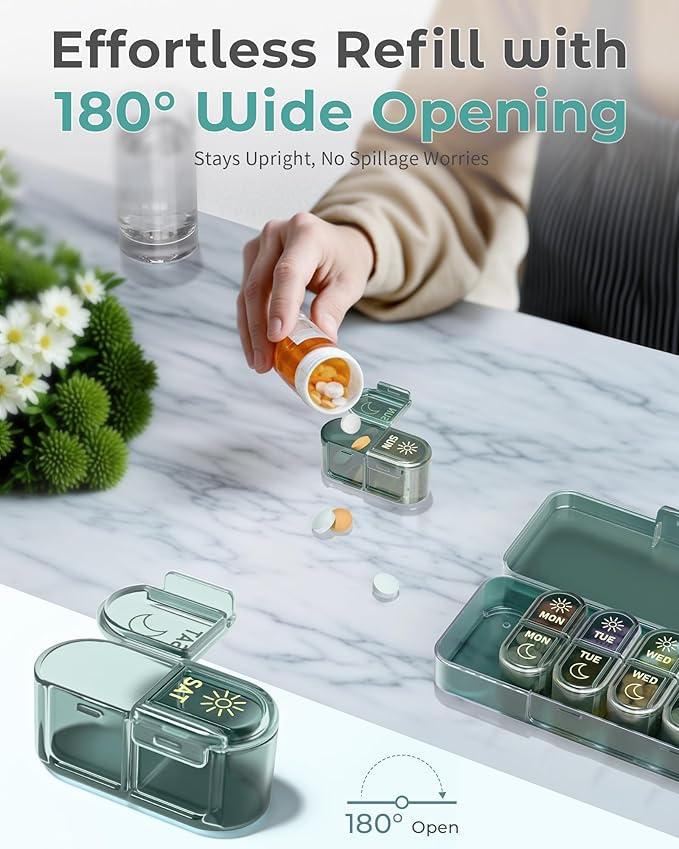 Pill Organizer 2 Times a Day, AM PM Pill Box 7 Day, Weekly Medicine Organizer with Large Capacity, Travel Pill Case for Medication, Vitamins, Fish Oils, Supplements (Easy to Use, Portable)