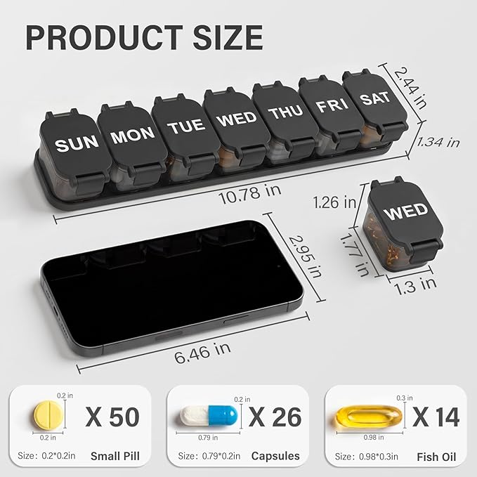 Extra Large Weekly Pill Organizer - Waterproof 7-Day Pill Box, Portable Vitamin & Supplement Case, Easy to Open Design, Ideal for Travel and Daily Medication Management,Black