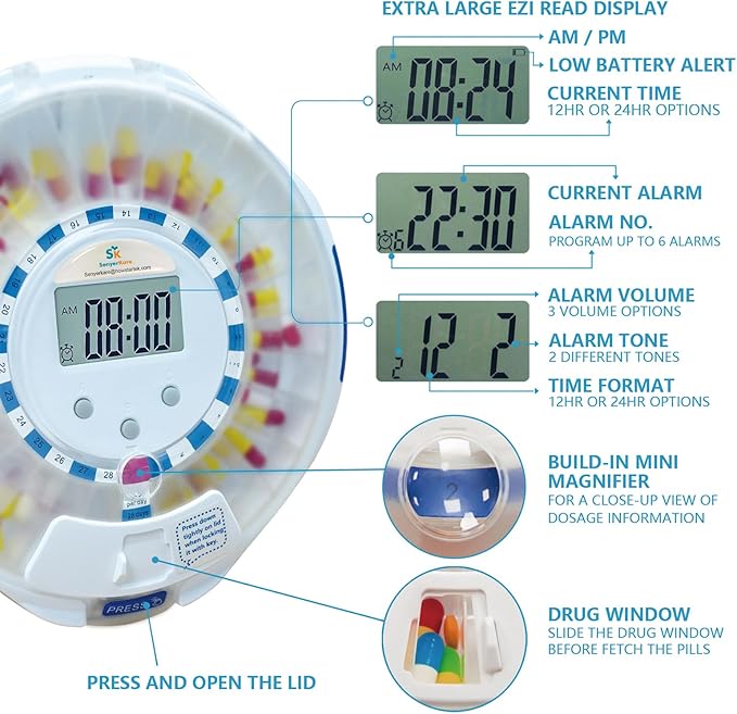 28-Day Automatic Pill Dispenser with Alarm for Elderly, Sound & Light Alerts, Easy-Read Display, 6 Dosage Templates, Locked Frosted Lid Medication Dispenser for Protecting Pills Privacy