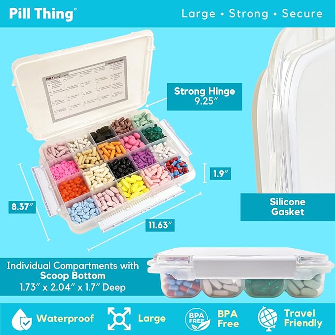 20 Compartment Large Pill Case with Airtight Seal - Silicone Gasket Waterproof Med Box with Medication Map & Medical Alert Card (Clear, 2 Pack)