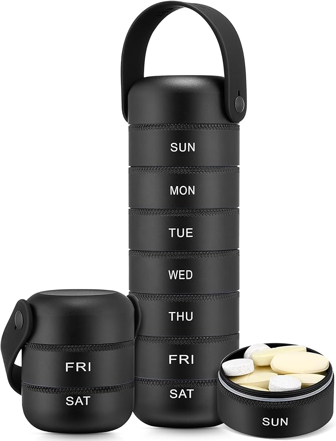 Zannaki Metal Weekly Pill Organizer, Large Travel Pill Box 7 Day, Waterproof Daily Pill Case with Silicone Handle, Aluminum Alloy Portable Pill Holder Container for Vitamin, Medicine, Supplement,Pills