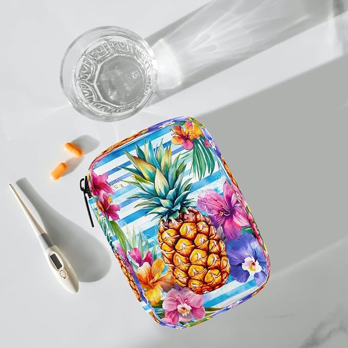 Tropical Pineapple Fruit Pill Case Travel Pill Organizer Weekly 7 Day Portable with Zipper Medicine Box Pill Case for Vitamins, Birth Control,Fish Oils,Medication, Supplements