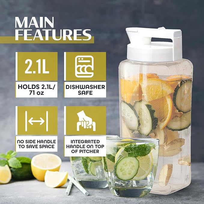 Lustroware SlideServe Slim Airtight Pitcher - 2.1L (70oz), Heat Resistant, BPA-Free SAN Plastic, Space-Saving, Made in Japan - White