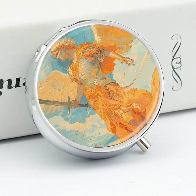 Angel Holding Sword Pill Box Travel Pill Case for Purse Pocket Weekly Medicine Organizer with Mirror 3 Compartment Round Medicine Case Portable PillcaseHolder for Daily