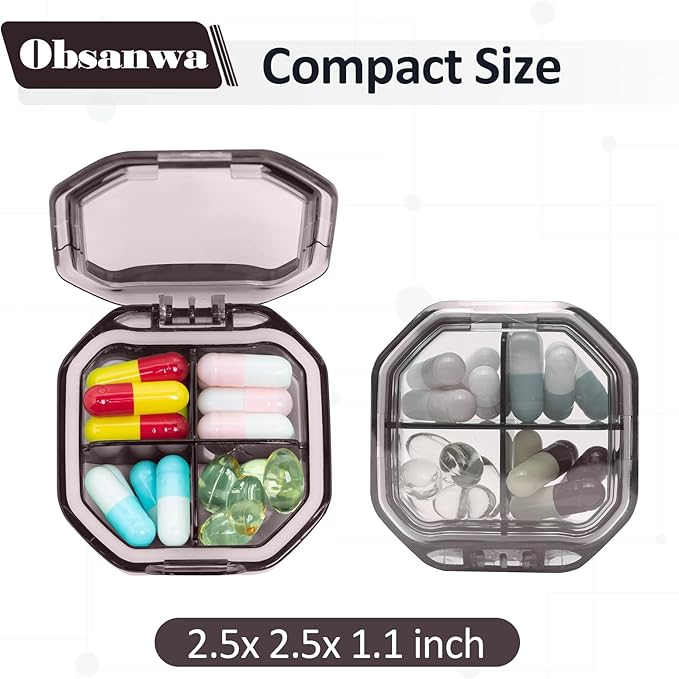 Daily Pill Organizer, 2 Pack 4 Compartments Small Pill Box Portable Pill Case, Travel Pill Organizer for Purse Pocket to Hold Vitamins, Cod Liver Oil, Supplements and Medication (Grey+Blue)
