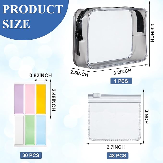 Meanplan 50 Pcs Pill Pouches Reusable Clear Zippered Pill Bag, Transparent PVC Toiletry Carry Pouch, 180 Pcs Waterproof Labels Stickers Travel Organizer Storage with Slide Lock for Small Items