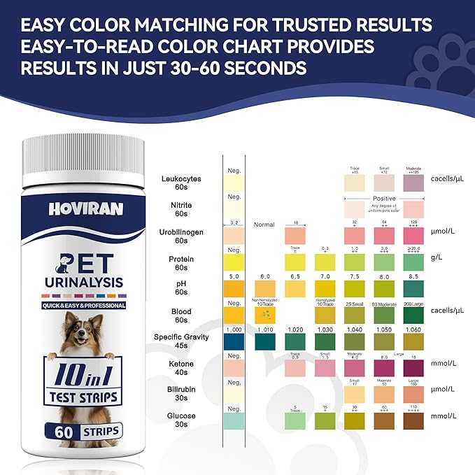 10-in-1 Cat & Dog Urine Test Strips, Cat & Dog UTI Test Kit, Pet Urinalysis Reagent Strips Diabetes, Glucose, Nitrite, Specific Gravity, pH, Protein, Leukocytes & More (60 Strips)