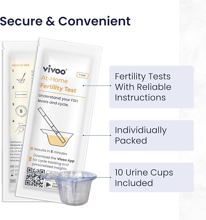 Vivoo Fertility Test – At-Home FSH Test to Monitor Ovarian Reserve, Scan & Track with Free Vivoo App, 10 Individually Wrapped FSH Tests + 10 Urine Collectors