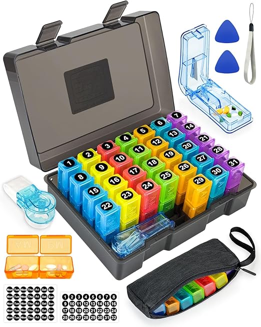 Monthly Pill Organizer 2 Times a Day, FRIWOLE Medicine Box with Portable Weekly Pill Bag, Pill Taker Remover, Pill Cutter and 2 Sticker (Black, 2 Times a Day)