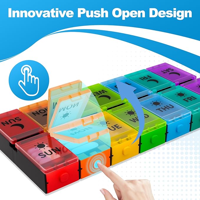 Push Button Pill Organizer 2 Times a Day, Weekly Medicine Pill Organizer, Pill Box Case 7 Day AM PM BPA-Free, Pill Container for Vitamins, Fish Oil, Supplements Medication (Colorful)