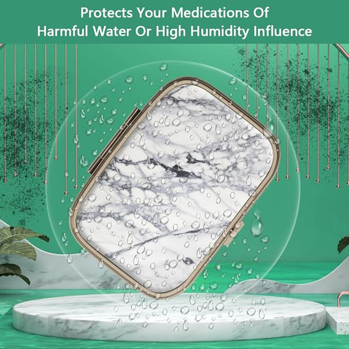 Pill Case Pill Box with Mirror Retro 2 Compartment Small Pill Case for Purse or Pocket Bronze Rectangular Pill Box or Vitamins, Fish Oil, Supplements, Pill Containe Travel Gifts（White Marble）