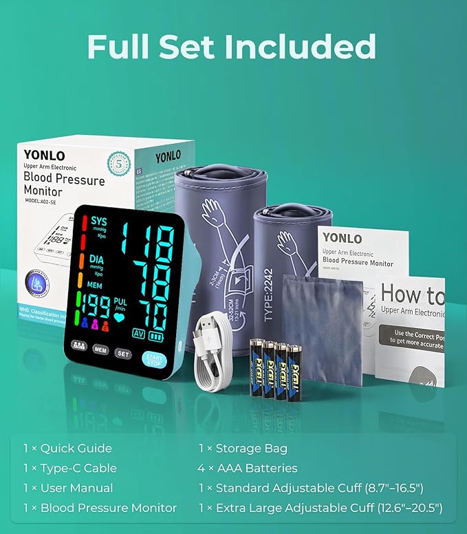 Blood Pressure Monitor, Automatic Upper Arm Blood Pressure Monitors for Home Use, 2 Blood Pressure Machine Cuff(9-17in & 13-21in) with Large LED Backlit Display, 3x199 Reading Memory Light Blue