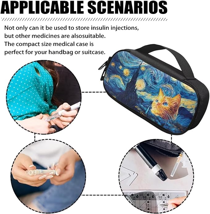 Starry Night Cat Diabetic Supplies Bag Carrying Case Organizer for Diabetes Testing Kit, Blood Glucose Monitor Kit, Meter, Test Strips, Lancets, Insulin Cooler Travel Case Daily Life
