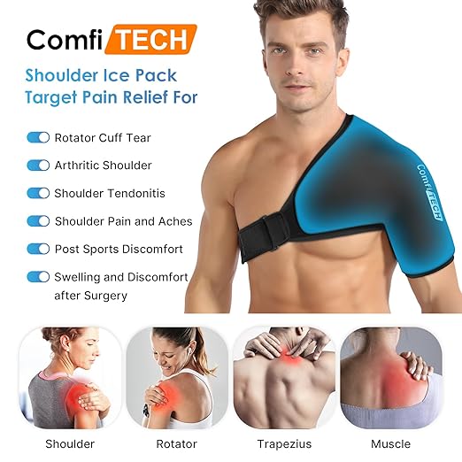 Comfitech Shoulder Ice Pack Wrap Rotator Cuff Cold Therapy Compression Sleeve for Better Putting On & Off & XL Migraine Relief Cap & Neck Ice Pack, Headache Relief Cap & Ice Pack for Neck