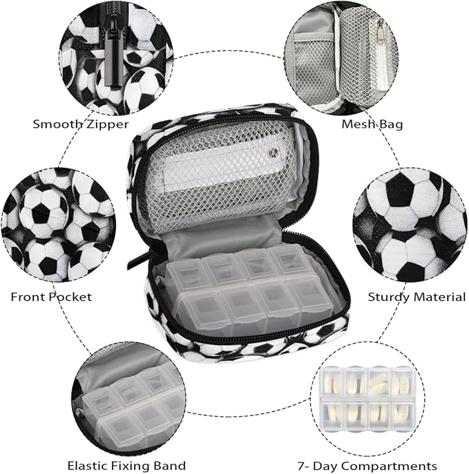 Football Black White Pill Case Everyday Travel, 7 Day Weekly Medicine Pill Box Compact Portable Pills Bottle Organizer with Zipper for Daily Vitamin Medicine Holder Bottle Organizers Bag