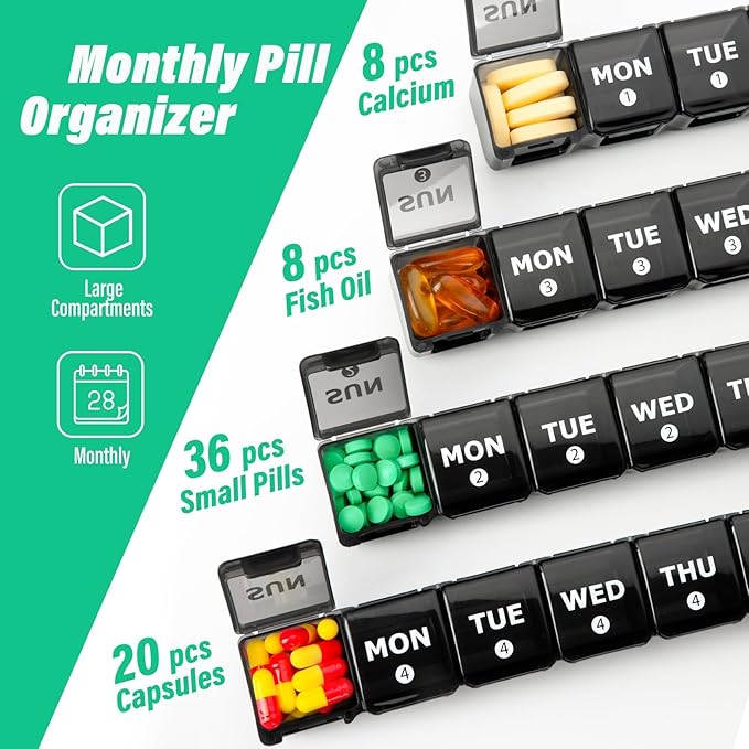 Large Monthly Pill Organizer, XL 4 Weeks Pill Box,28 Day Pill Cases Organizerd by Week,Big Compartment Pill Container with Dust-Proof,for Pills/Vitamin/Fish Oil/Supplements,by Yaklim (Black)