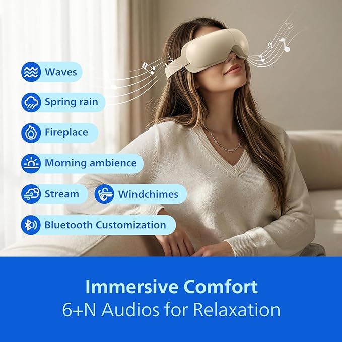 Philips Eye Massager with Heat, Eye Mask for Migraines with Music, Warm Compress Therapy for Dry Eyes, Eye Strain, 5 Modes & 180° Folding Design, Rechargeable 1200mAh Battery, Gifts for Women Mom