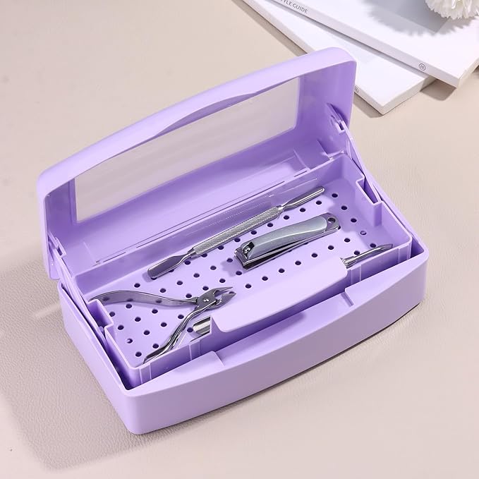 Nail Tool Sterilizer Box Plastic Disinfectant Container for Nail Art Accessories Tools, Sterilizer Soaking Box with Strainer Pedicure Manicure Cleaning Equipment, Purple