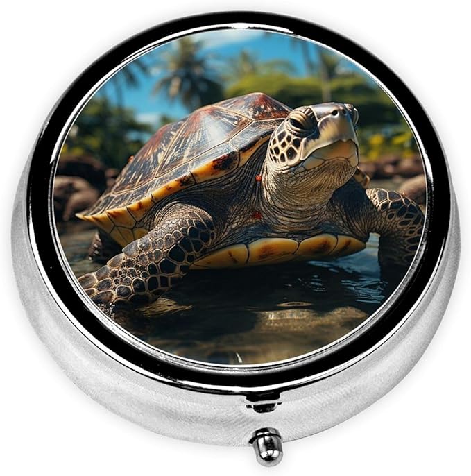 Big Turtle and Palm Trees Print Pill Box Round 3 Compartment Pill Case Portable Travel Pill Organizer Mini Medicine Storage Box for Pocket Purse Metal Decorative Pill Holder for Daily Medicine