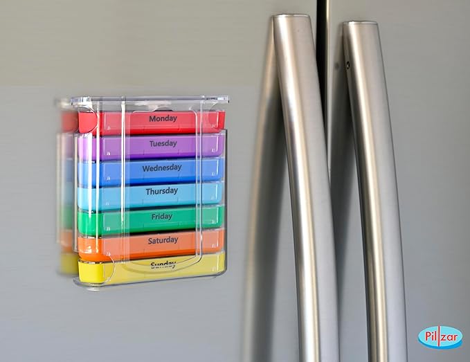 7 Day Pill Box Organizer, Hard Case with Embedded Magnet, 7 Stackable Trays, Perfect for Travel and Home Use.