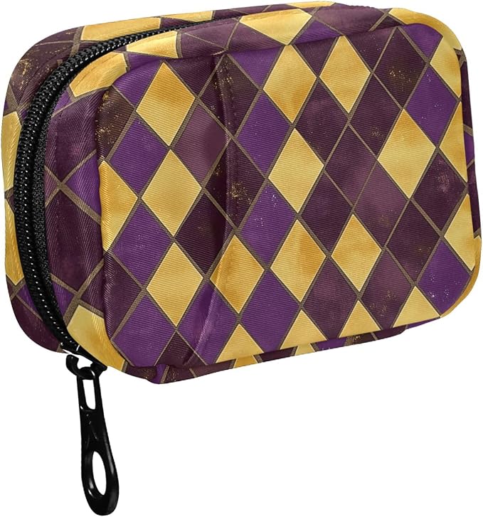Fustylead Purple and Gold Diamond Pattern Travel Pill Organizer Case Zipper for Purse with Removable Weekly Pill Box for Medicine, Vitamin, Supplement Medicine Organizer