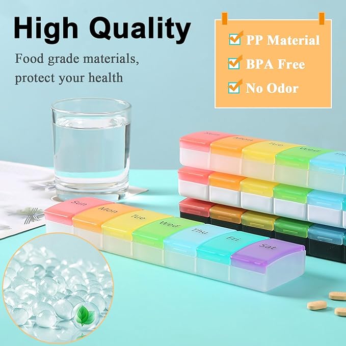 Pill Organizer, Weekly Portable Pill Dispenser, Travel Daily Pill Case Box Holder, 7 Compartment Medication Planner for Vitamin, Medicine, Fish Oil, Supplements (Transparent, 7-Color lid