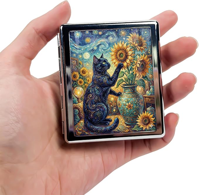 Metal 7 Day Pill Organizer, Weekly Pill Case with 8 Compartments, Travel Pill Box for Purse & Pocket, Small Medicine & Vitamin Organizer with PP Dividers (Starry Sunflower Cat)