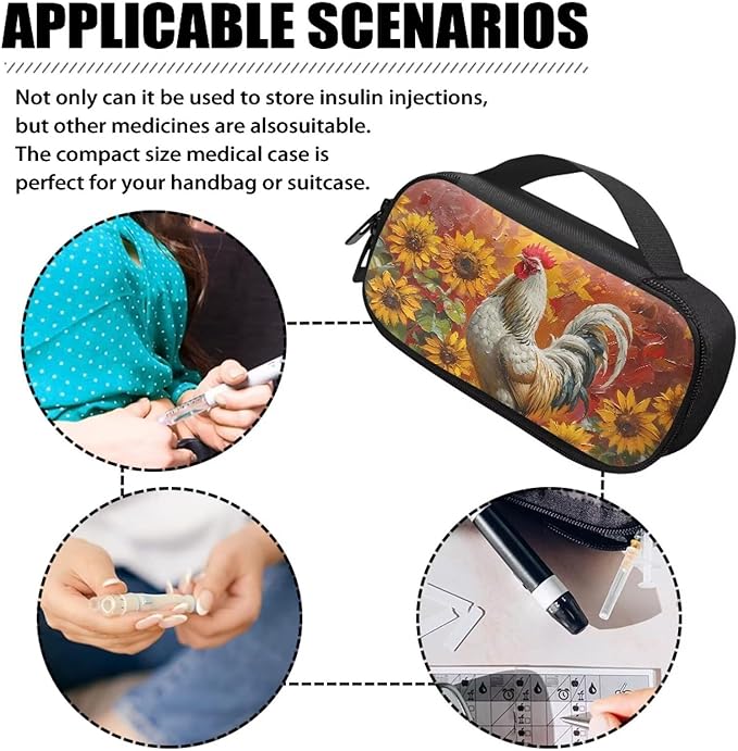 Rooster Sunflower Diabetic Insulated Organizer for Diabetic Testing Kit Large Capacity Insulin Medication Storage Bag for Insulin Pens Glucose Meters Test Strips Medication