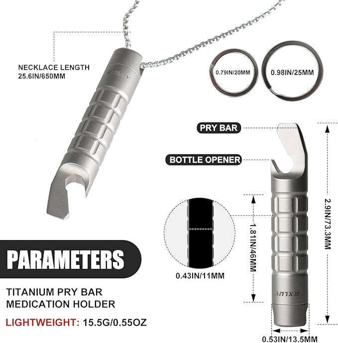 Titanium Keychain Pill Holder Pry Bar, Waterproof Emergency Pill Fob Organizer Container Case, Portable Purse Pocket Prybar Box for Outdoors Camping Travel EDC Accessories