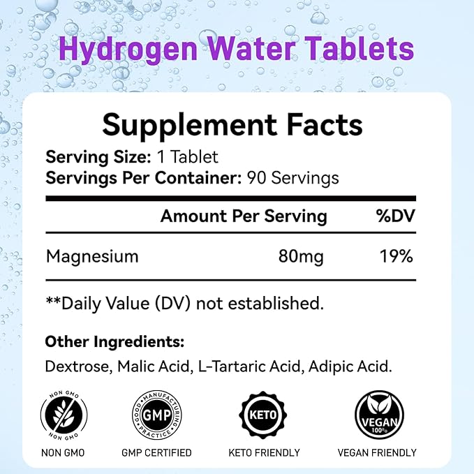 Hydrogen Water Tablets, 8 PPM Hydrogen Tablets for Drinking Water with Magnesium Glycinate Base, H2 Molecular Hydrogen Rich in Antioxidants, Cognitive & Athletic Performance, Energy (90 Counts)