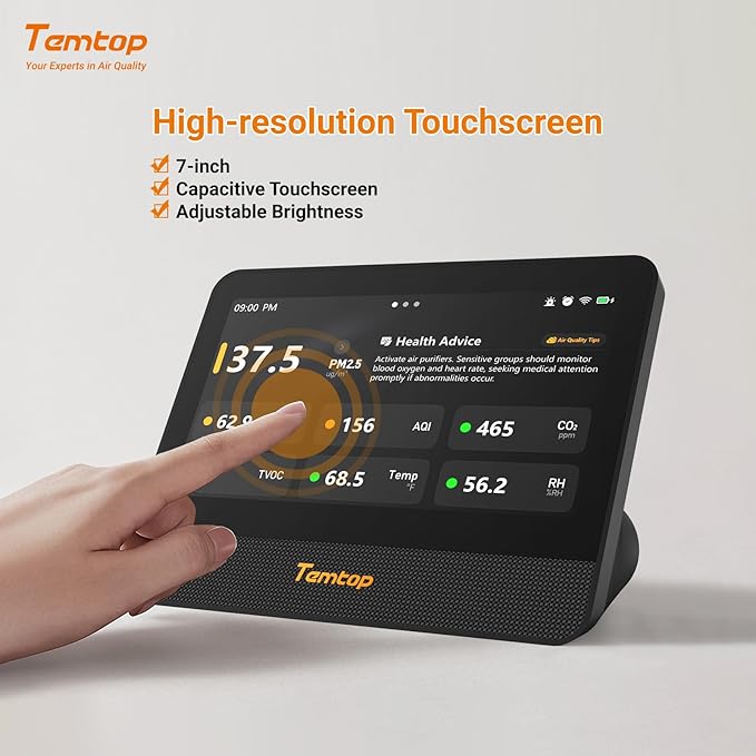 Temtop M100 2nd Gen Air Quality Monitor for Indoor Air, 7-Inch Touch Screen, Real-Time Tester for PM2.5, CO2, TVOC, Temp & Humidity, WiFi App & Multi-Room Monitoring with Smart Insights