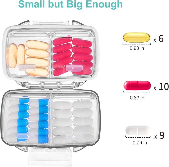 Fullicon Travel Pill Organizer, 4 Compartments Portable Pill Case, Moisture Proof Small Pill Box with Labels, Travel Pill Case with Double Lock, Pocket Pharmacy for Vitamin D3 & Fish Oil (Grey)