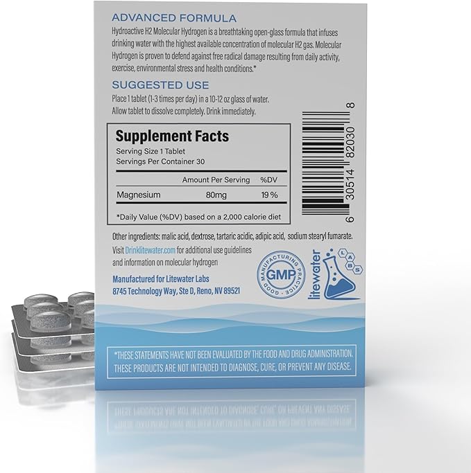 Hydroactive H2 Molecular Hydrogen Tablets by Litewater Labs, 30 Count, Deuterium Depleted, 8-12 PPM, for Optimal ATP Production, Increased Strength, Rapid Hydration, Faster Recovery, Superior Health