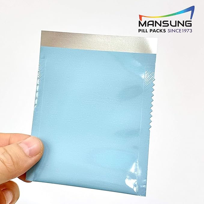 Mansung M 600 - Mylar Heat Seal Pill Bags 2.7x3.5 inch/Sky Blue - Mylar Aluminum Foil Pillsuite Organizer Packets with Notch Easy Tear Smell Proof Packaging Food Storage Heat Sealable Open Top Pouch