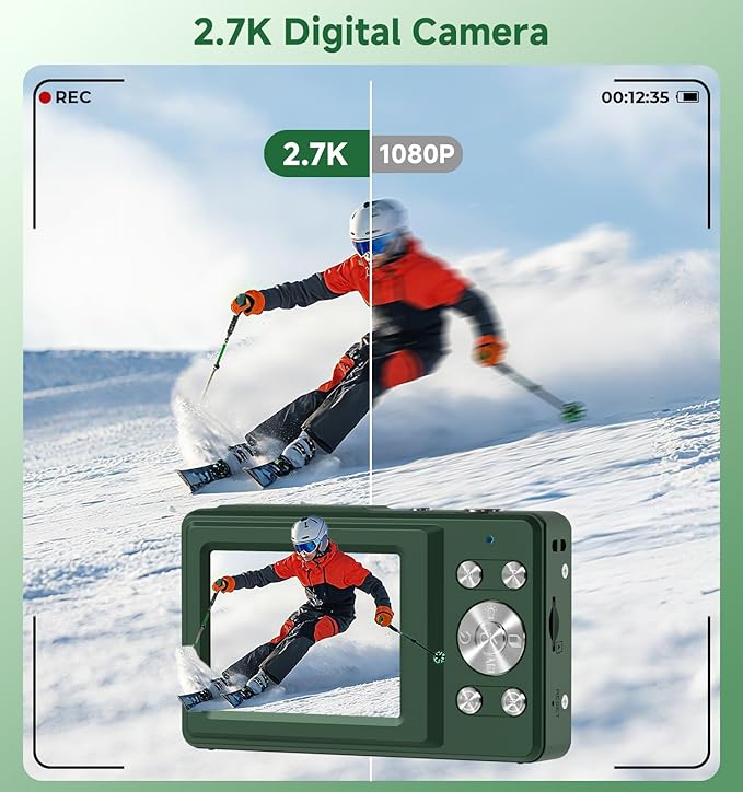 Digital Camera, 56MP Dual Screen Autofocus Vlogging Camera, 16X Zoom Point and Shoot Camera for Photography, Anti-Shake, 32GB Card, Compact Camera for Teens Adults,Green
