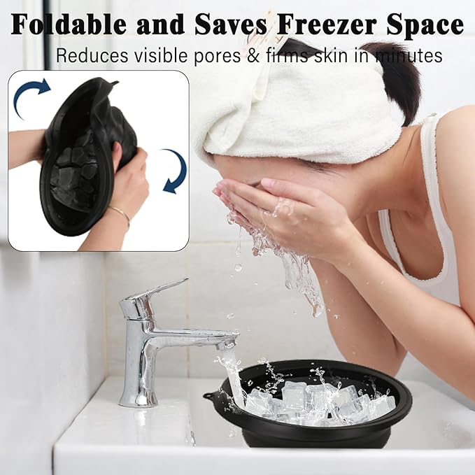 Large Silicone Bowl for Face Ice Bath with Built-In Icetray, Foldable and Hanging Design for Easy Storage and Carrying, Dipping Face Ice Bath at Home and Travel (Black)