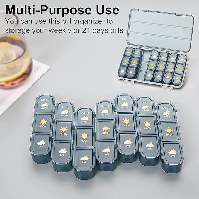 Weekly Pill Organizer,3-Times-A-Day 7 Day Pill Box Large Compartments, Removable Secured Outer Box Air Tight Travel Medicine Container for Purse, Pocket Vitamins Supplements Holder