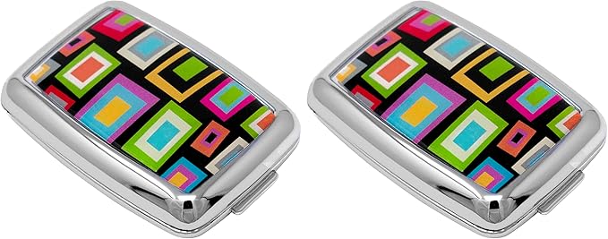 Set of 2 Dual-Compartment Rectangular Pocket Purse Pill Box & Organizer with Insert (Retro Squares)