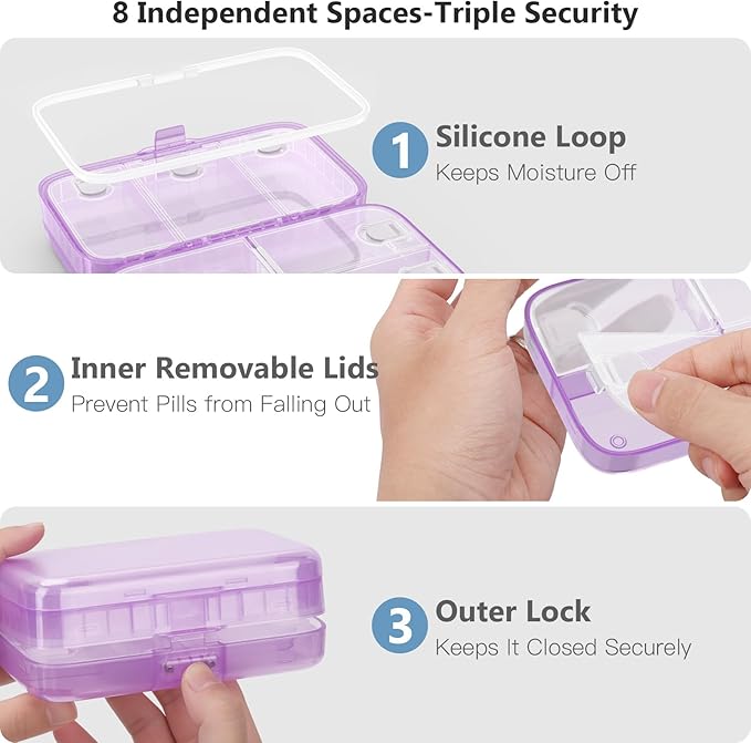 FYY Weekly Pill Organizer with Labels,8 Compartments Travel Daily Pill Case Airtight Moistureproof Large Pill Box to Hold Vitamins, Fish Oil, Supplements,Cotton Swab and Bandages-Purple