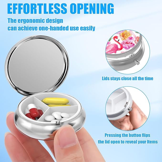Watercolor Flamingo Rose Pill Case, Pill Box 3 Compartments Metal Small Pill Holder with Mirror Mini Travel Pill Container for Purse Pocket Women Men