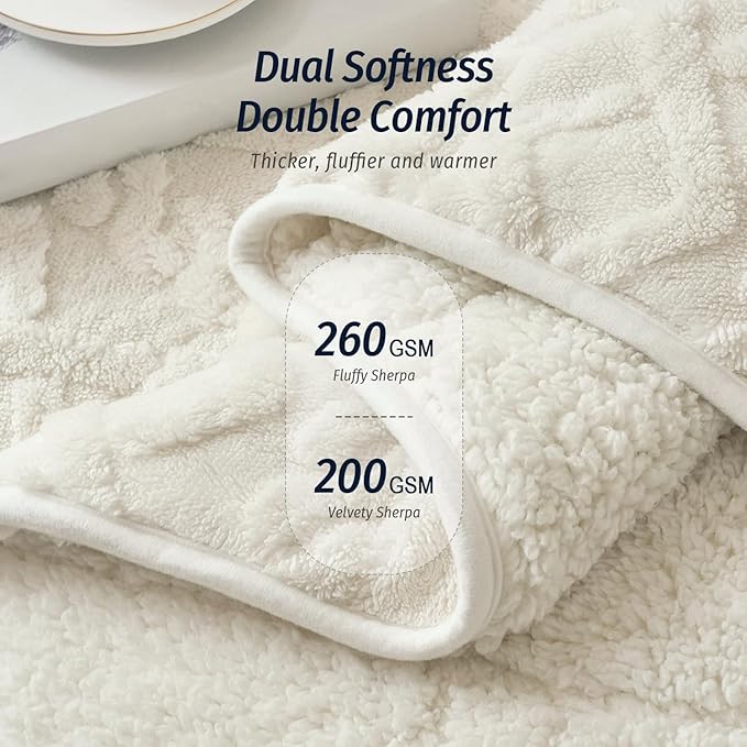 Wemore Weighted Blanket for Adults Twin Size 15 lbs, Dual Sided Soft Fuzzy Jacquard Sherpa Weighted Blankets for Sleeping, Cozy Fluffy Knitted Heavy Blanket for Couch Bed, Cream White, 60 x 80 inches