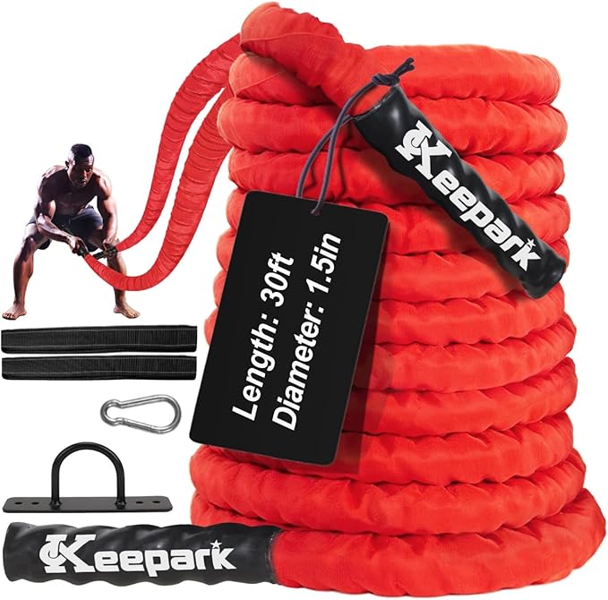 Battle Ropes for Home Gym Exercise - 1.5 Inch Diameter 30FT Red Battle Rope Workout Exercise Training Ropes with Protective Sleeve for Kids Men Women Exercise Fitness & Strength Training